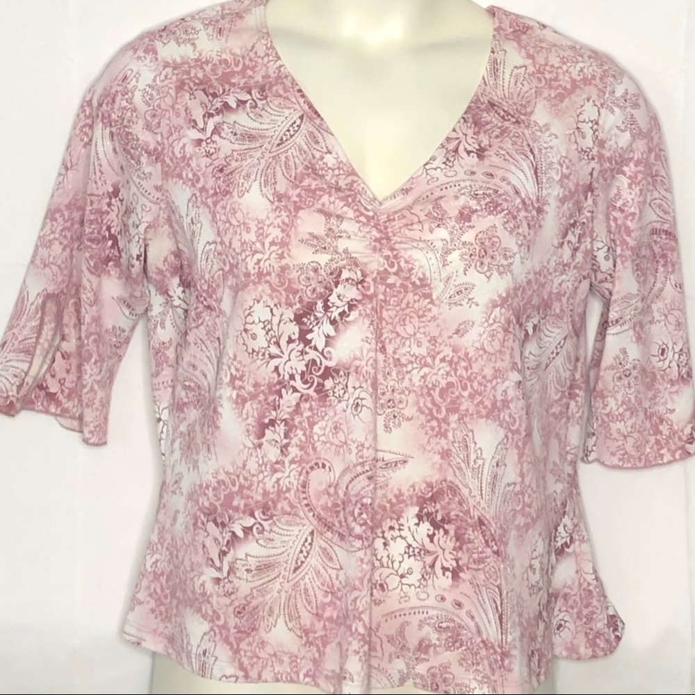 Kiwi V-neck Pink Sparkly Women Three Quarter Length Sleeve Shirt Size 2X